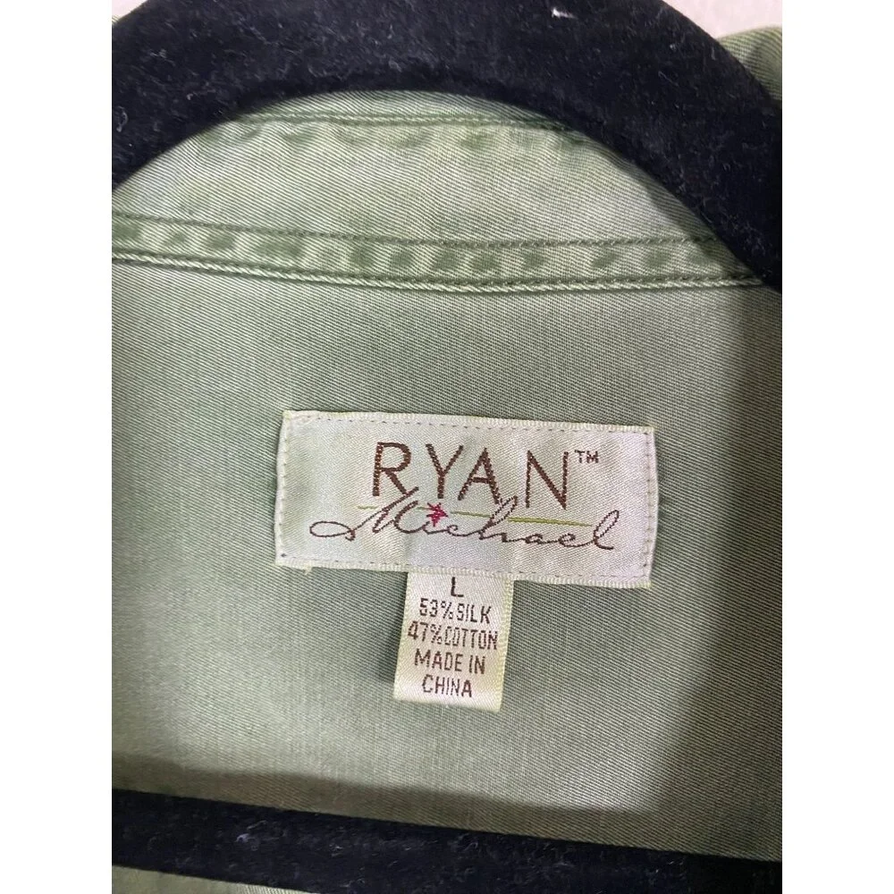 Ryan Michael Men Silk Blend Green Button Up Shirt Size Large Long Sleeve Western - Picture 3 of 16